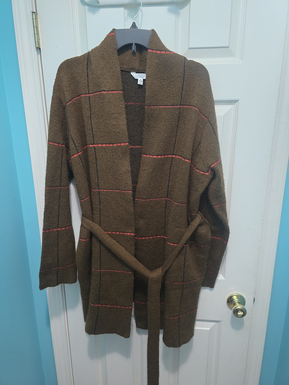 Open-Front Belted Cardigan Sweater in Brown with Red Stripe Size XL